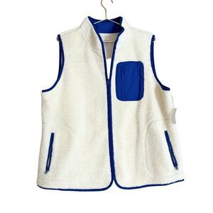 NWT Talbots Cream Sherpa Blue Trim Pocket Zip Up Vest 1X